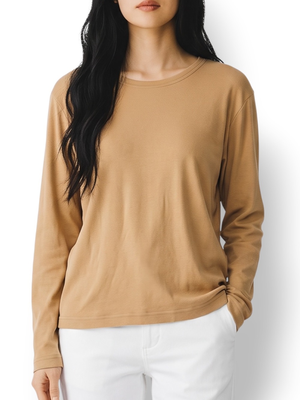 4/$20 Chico’s Design Camel Cotton Long Sleeve Scoop Neck Tee Size 1 Medium